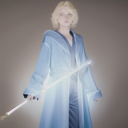 a 16yo male wizard with blond hair, wearing light blue robe and magic wand.