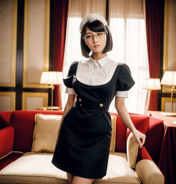 best quality,8k, realistic, masterpiece, RAW photo, front view, a tall Japanese voluptuous short-haired intelligent beautiful girl standing in the royal suite room, wearing glasses, classic maid uniforms, maid cap.