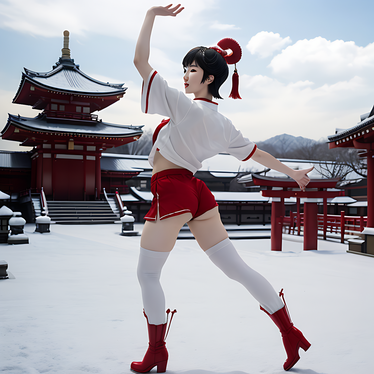 best quality,8k, realistic, masterpiece, RAW photo, low angle shot, a tall Japanese voluptuous short-haired intelligent beautiful girl dancing at the plaza in front of shrine, wearing red headbands, red gymnastic knickers, white shrine maiden clothes, white long boots.