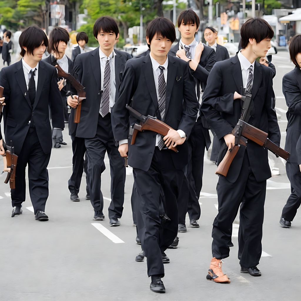 20yo Japanese people in suits, holding weapons (knifes, guns, and so on)+ on the street, evil