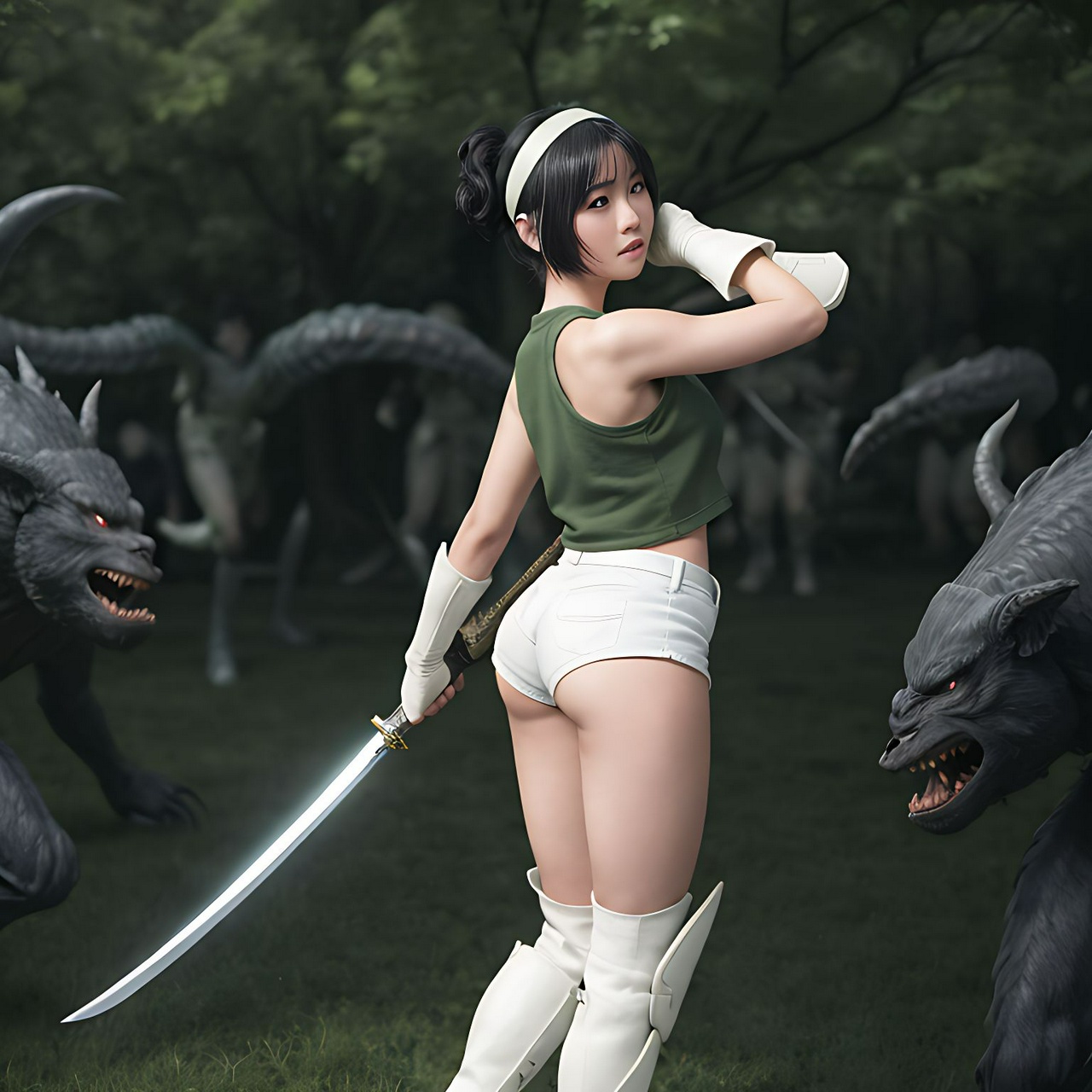best quality,4k, realistic, masterpiece, RAW photo, back view, full body, a tall Japanese voluptuous short-haired intelligent beautiful girl fighting against monsters on the battle field, wearing dark green headband, white tight hotpants, dark green tanktops, white long boots, long sword, small shield.
