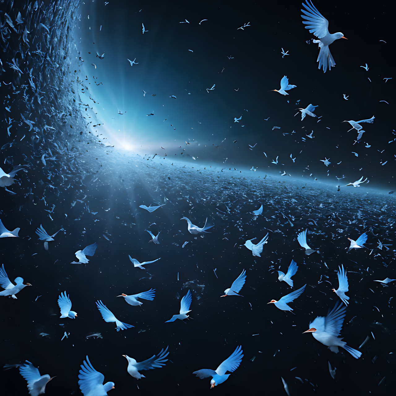 best quality,8k, realistic, masterpiece, RAW photo, Many blue birds are escaping from black hole.