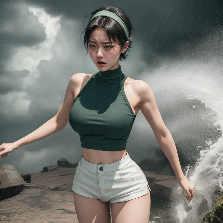 best quality,8k, realistic, masterpiece, RAW photo, full body, a tall Japanese voluptuous short-haired intelligent beautiful girl getting angry and crying in the storm, wearing dark green headband, white tight silky hotpants, dark green tanktops with a large open chest area, white long boots.