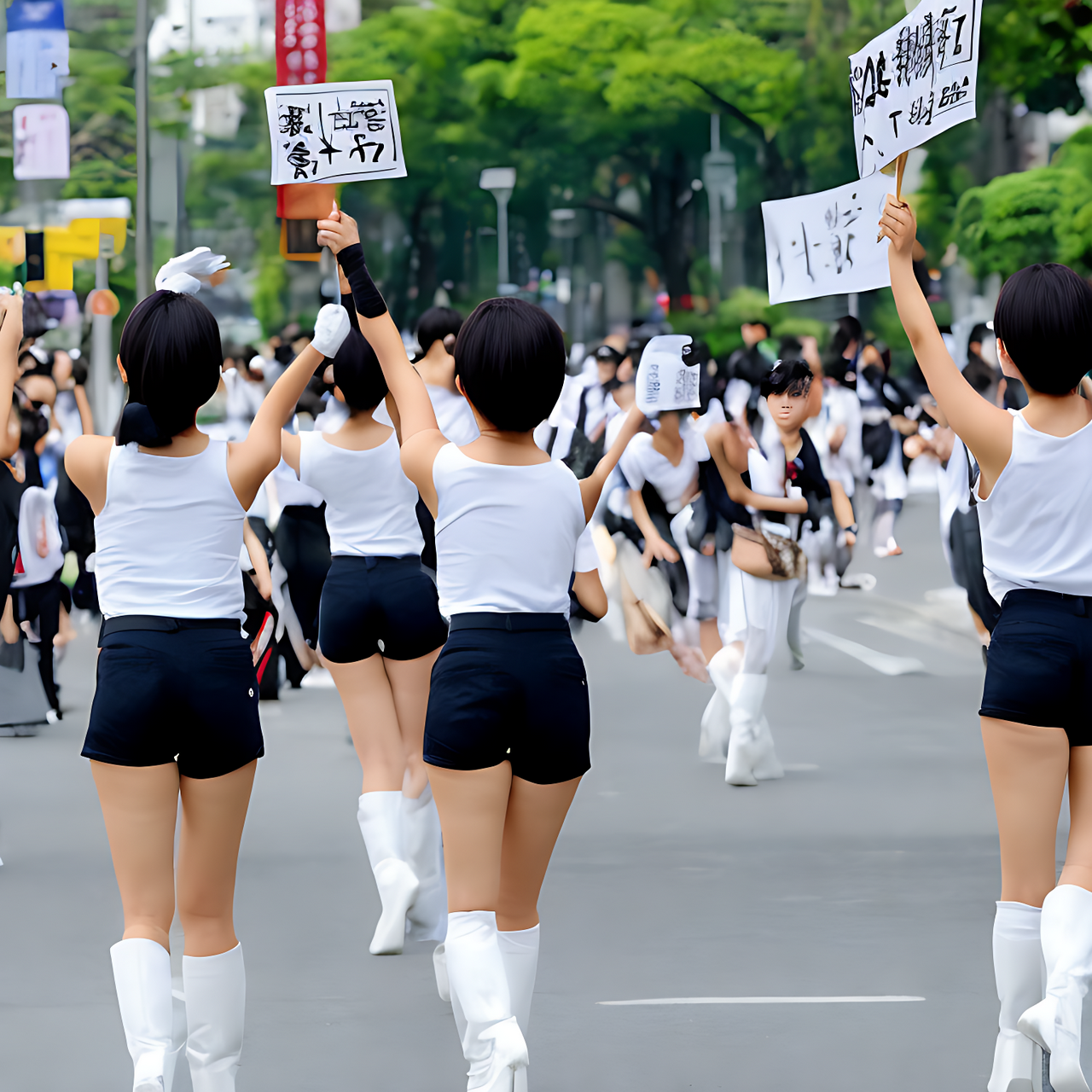 best quality,8k, back view, Many tall Japanese voluptuous short-haired intelligent beautiful girls are giving a demonstration with placards on the main street.