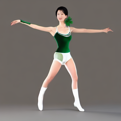 （錬成後比較的マシだったものその2）a full body portrait of a tall Japanese voluptuous short-haired intelligent beautiful girl opening legs in front and behind like running and bending waist at the dance hall, wearing dark green headband, white gymnastic knickers, dark green tank tops, white long boots, white long boots., CGI