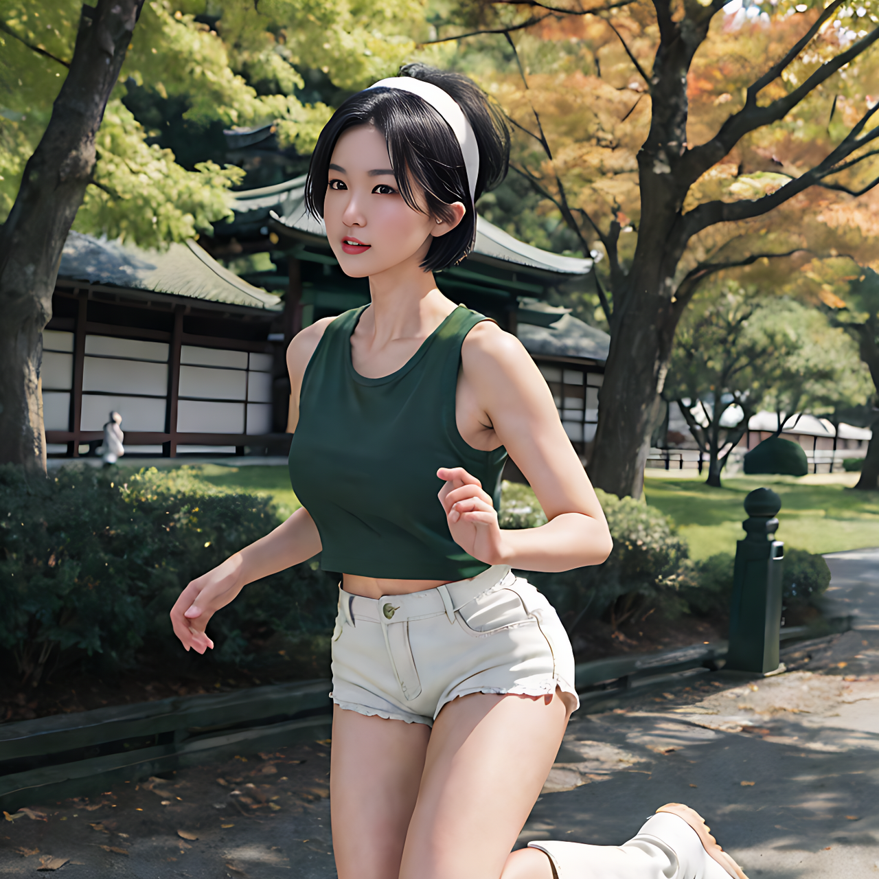 best quality,8k, RAW photo, realistic, masterpiece, front view, a tall Japanese voluptuous short-haired intelligent beautiful girl running at the park in autumn, wearing dark green headband, white tight silky hotpants, dark green tanktops, white long boots.