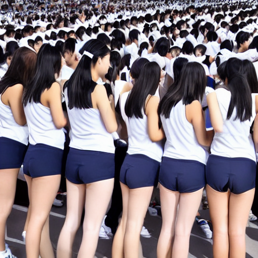low angle shot, Many tall Japanese girls are standing in rows, keeping their spacing and putting hands on the hips.