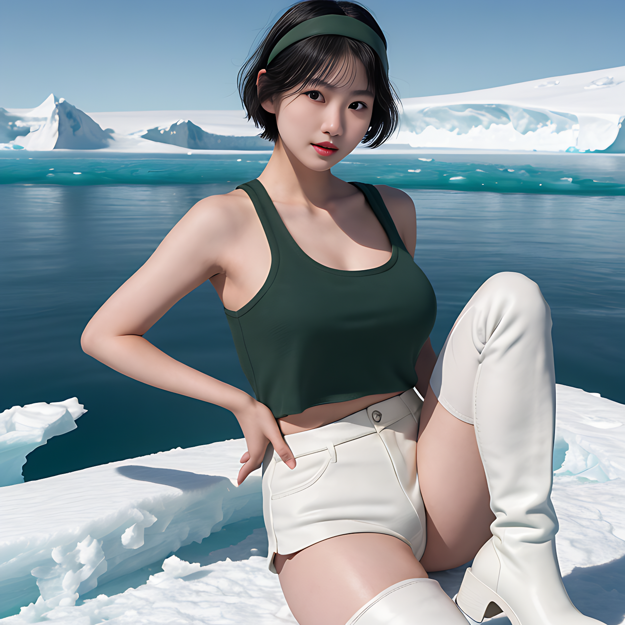 best quality,8k, realistic, masterpiece, RAW photo, a tall Japanese voluptuous short-haired intelligent beautiful girl in raptures in the Antarctic, wearing dark green headband, white hotpants, dark green tanktops, white long boots.