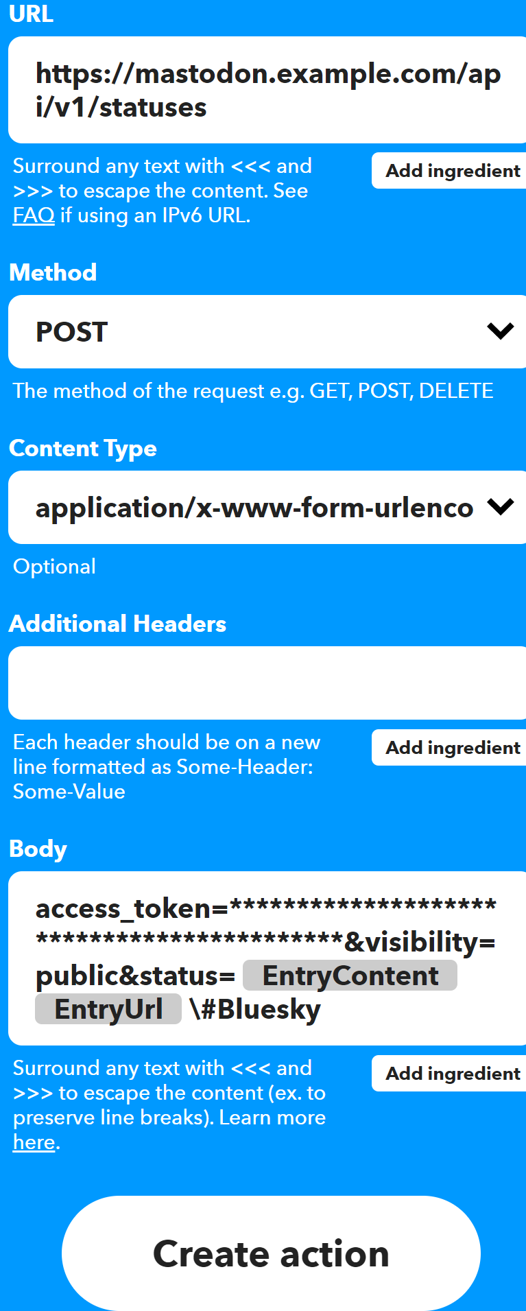 Web requestの設定をして、「Create action」ボタンを押下