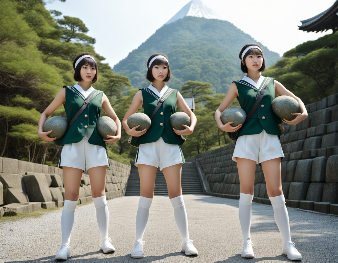 best quality, realistic, RAW photo, low angle shot, 3girls, 3 tall ((Japanese)) large breasts wide-hipped short bobbed haired intelligent beautiful girls are carrying heavy rocks on their shoulders at pyramid.
