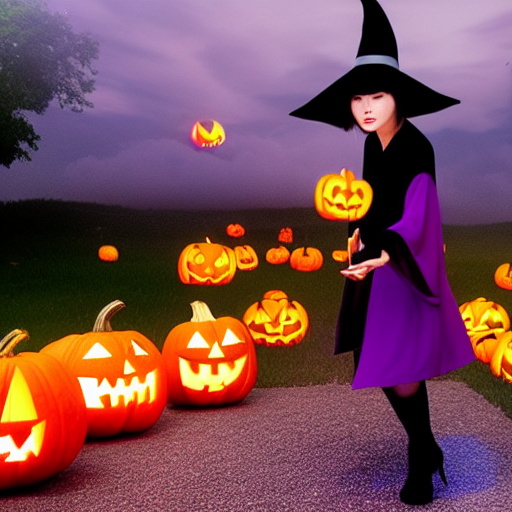 A Japanese young tall witch who wears black pointy hat, purple tank top, black hot pants, black long boots, black overcoat, is using magic to fight against some Jack O'lanterns.