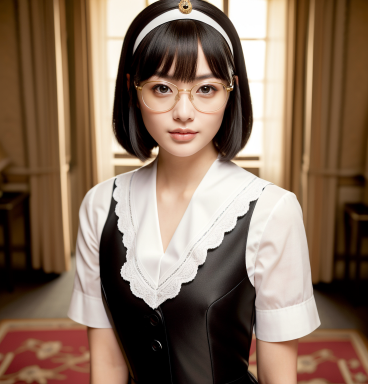 best quality,8k, realistic, masterpiece, RAW photo, high angle shot, a tall Japanese voluptuous short-haired intelligent beautiful girl standing in the royal suite room, wearing glasses, French maid uniforms, maid cap.