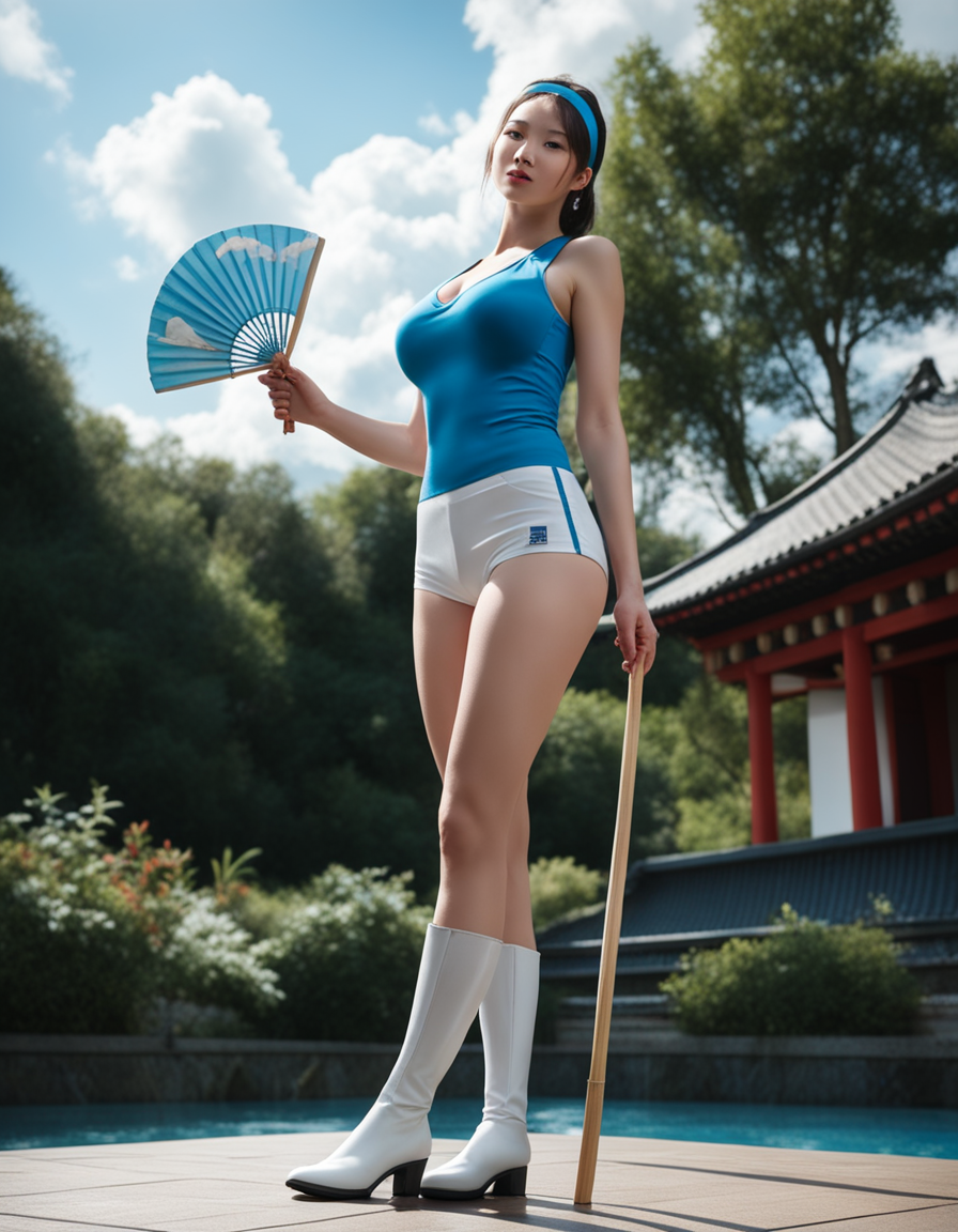 score_9, score_8_up, score_7_up, score_6_up, score_5_up, score_4_up, best quality, realistic, RAW photo, low angle shot, a tall Japanese large breasts wide-hipped short bobbed haired intelligent beautiful girl holding a Kyoto-style Japanese fan and dancing gracefully at outdoor pool side in summer, cool beauty, wearing ((saphire blue headbands)), ((saphire blue tanktops with a large open chest area)), ((white tight silky hotpants)), ((white long boots)).