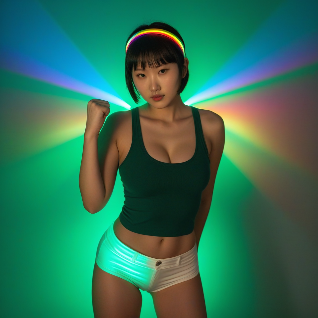 best quality,8k, realistic, masterpiece, RAW photo, a tall Japanese voluptuous short-haired intelligent beautiful girl clenching her fists in triumph in the dark room with rainbow backlights, wearing dark green headband, dark green tanktops with a large open chest area, white tight hotpants, white long boots.