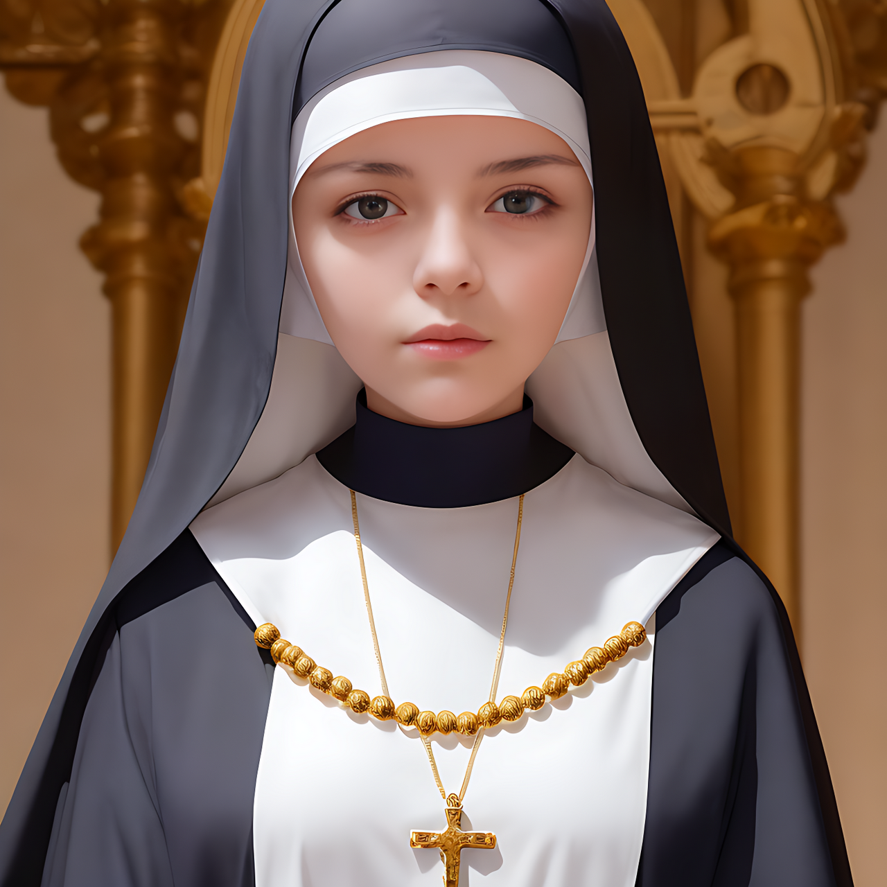 best quality,8k, a 20yo nun at the convent, wearing navy robe, gold circlet, gold rosary.