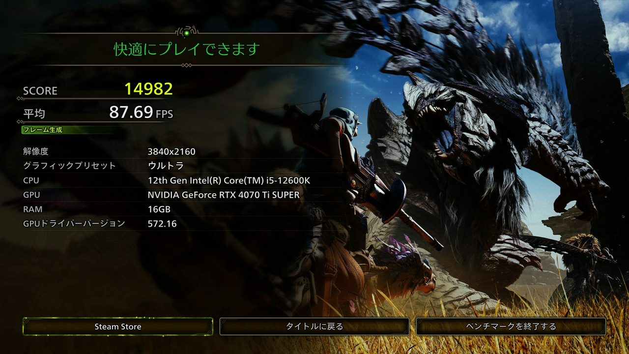 Monster Hunter Wilds Benchmark、スコアは14982点。GPUドライバーのバージョンを上げたら少し改善。