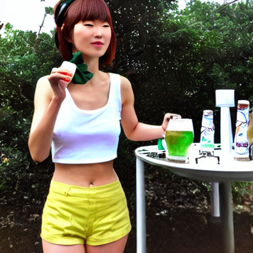 a tall Japanese girl drinking beer and eating cake, wearing white tight silky hot pants, dark green tank tops, white boots, dark green headband.