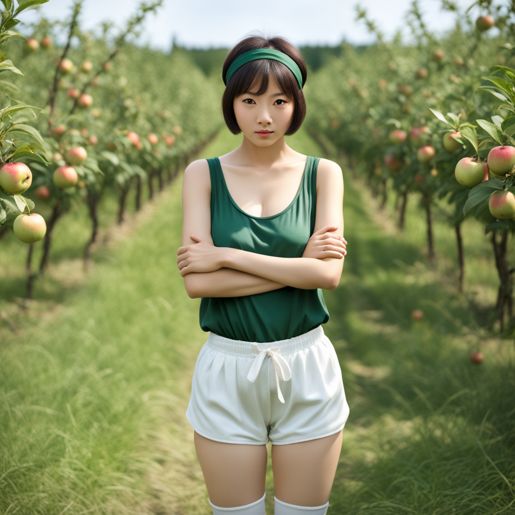 best quality, realistic, RAW photo, a tall ((Japanese)) large breasts wide-hipped short bobbed haired intelligent beautiful girl folding her arms, looking discontented at the apple orchard, cool beauty, wearing ((dark green headbands)), ((dark green tanktops with a large open chest area)), ((white tight silky hotpants)), ((white long boots)).