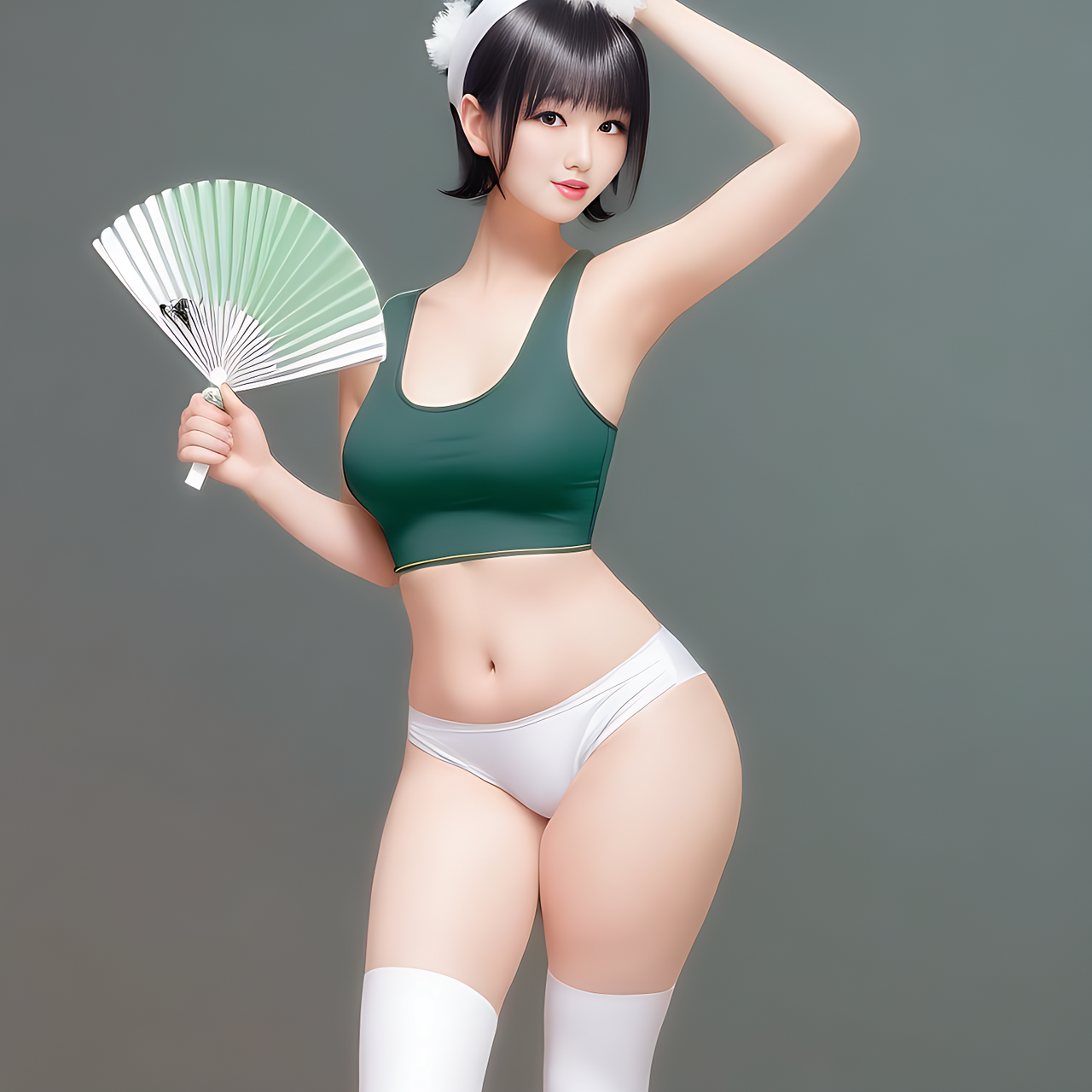 a tall Japanese voluptuous short-haired intelligent beautiful girl holding handy fans and dancing, wearing dark green headband, white tight hot pants, dark green tank tops, white long boots., no background
